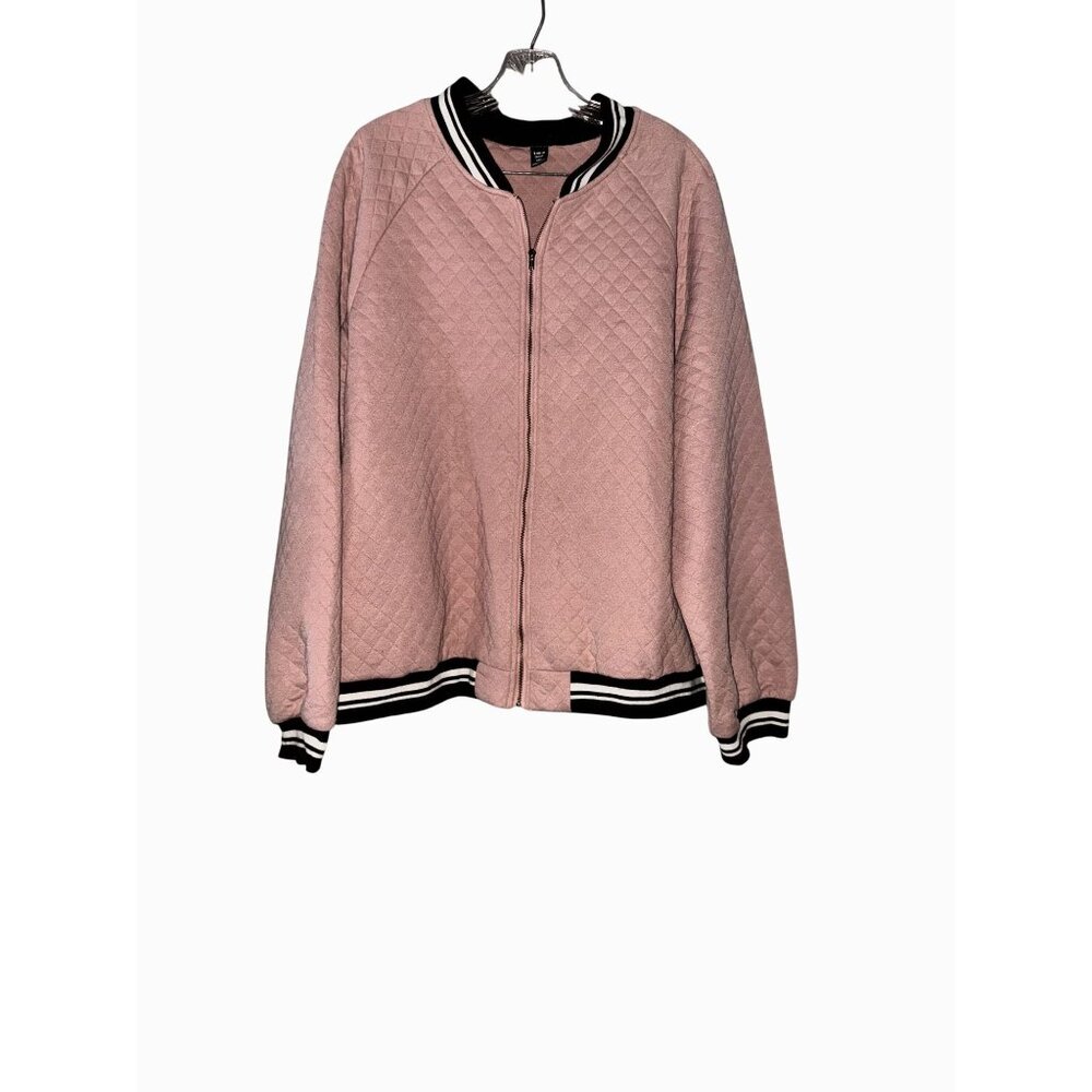 Quilted Light Pink Full-Zip Bomber Jacket With Black & White Striped Trim Shein